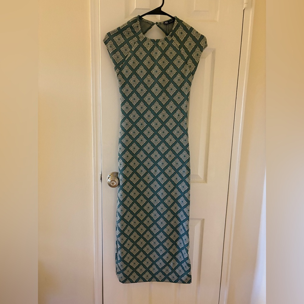 Zara Teal and Cream Geometric Maxi Dress